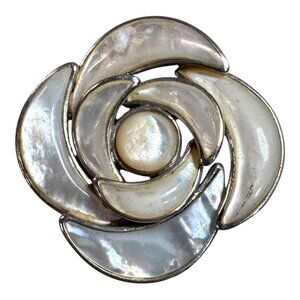 Vt Signed Volmer Bahner VB Sterling Silver Mother Of Pearl Floral Brooch Pendant